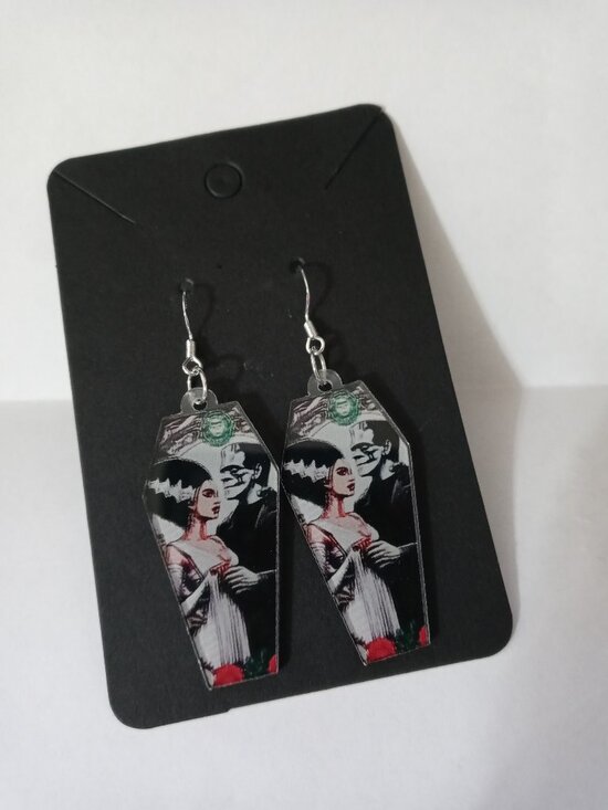 Handmade Jewelry - Handmade gothic coffin earrings featuring Frankenstein’s Monster and the Bride